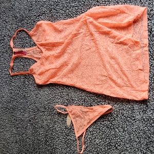 Victoria's Secret Lingerie The Lacie 2-pc Lace G-String Babydoll "Peachy neon "